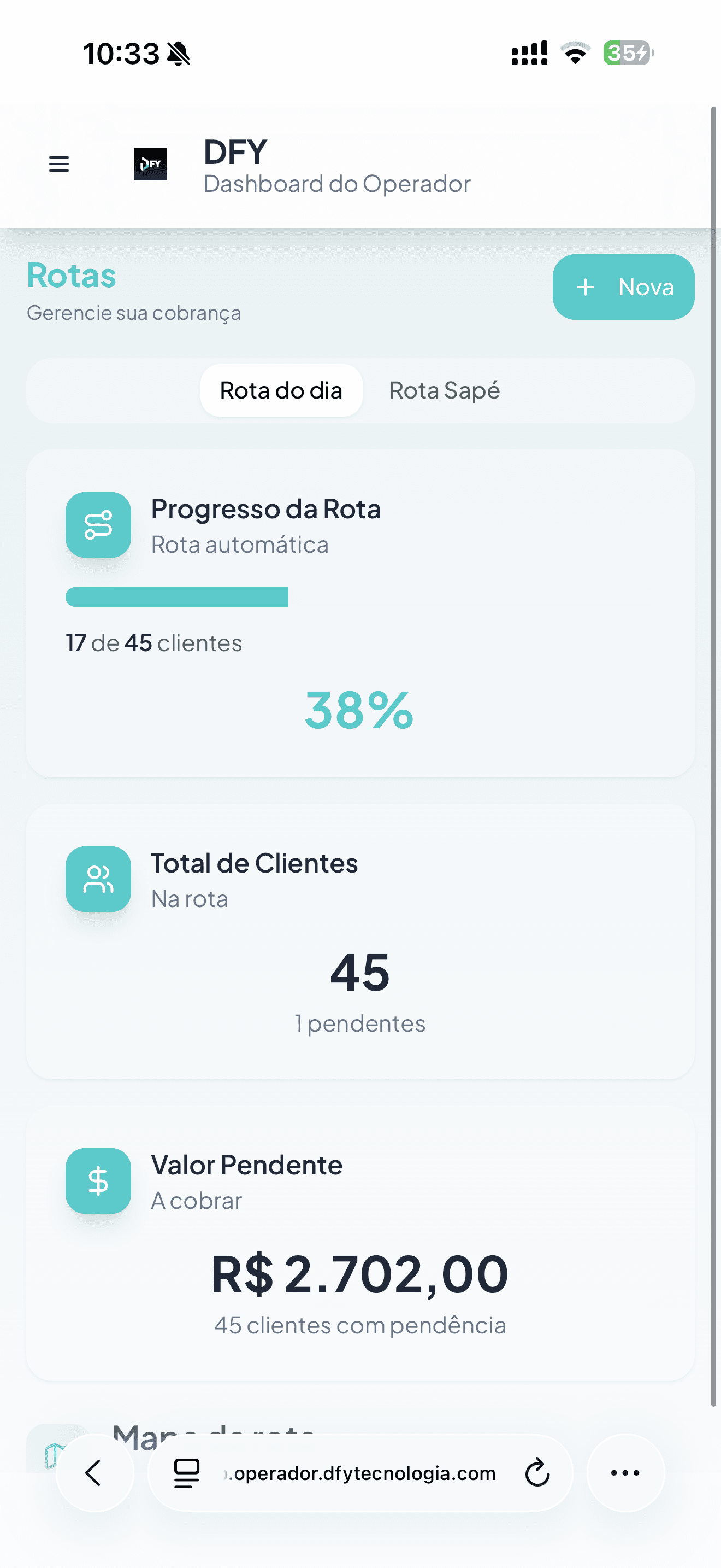 Dashboard do operador no app DFY