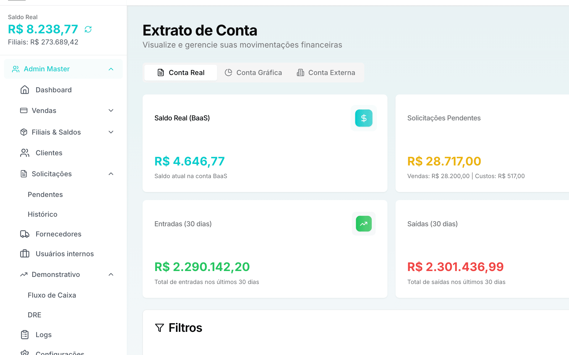Extrato da conta real no painel DFY, com entradas e saídas